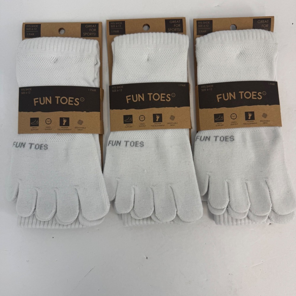 Fun Toes White Athletic Toe Socks 3 Pairs Arch Support Breathable Mesh Size 6-12